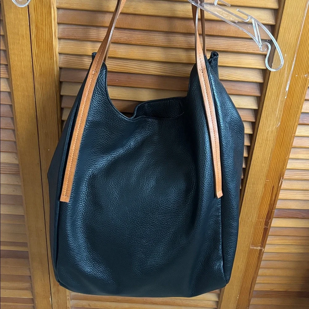 Valentina‎ Black and Tan Pebbled Leather Tote Shoulder Bag